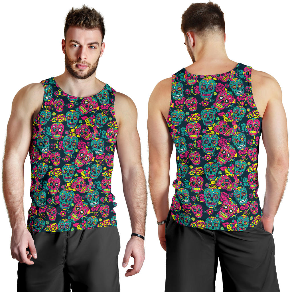 Sugar Skull Floral Design Themed Print Men Tank Top