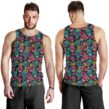 Sugar Skull Floral Design Themed Print Men Tank Top
