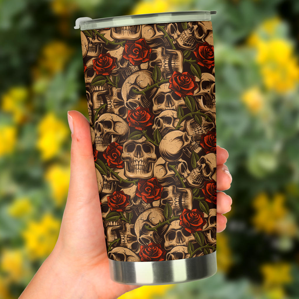 Skull Roses Vintage Design Themed Print Tumbler