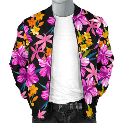 Tropical Folower Pink Hibiscus Print Men Bomber Jacket