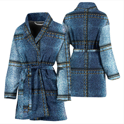 Jean Patchwork Pattern Print Design 02 Women Bathrobe