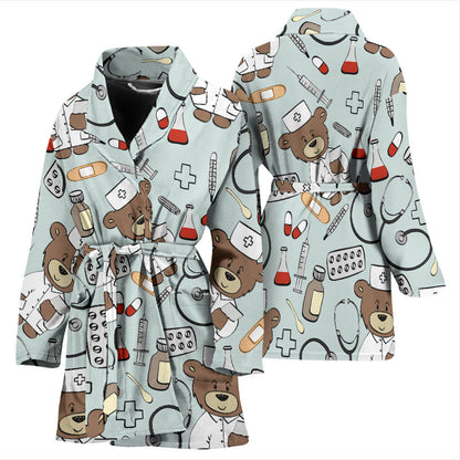 Nurse Bear Pattern Print Design A01 Women Bathrobe