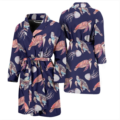 Sea Turtle With Jelly Fish Print Design LKS301 Men Bathrobe