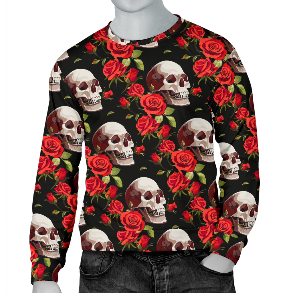 Red Rose Skull Design Print Men Long Sleeve Sweatshirt