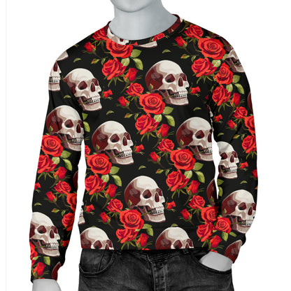 Red Rose Skull Design Print Men Long Sleeve Sweatshirt