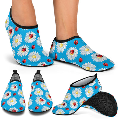 Ladybug with Daisy Themed Print Pattern Aqua Water Shoes