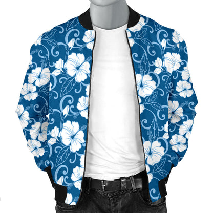 Hibiscus Blue Flower Hawaiian Print Men Bomber Jacket