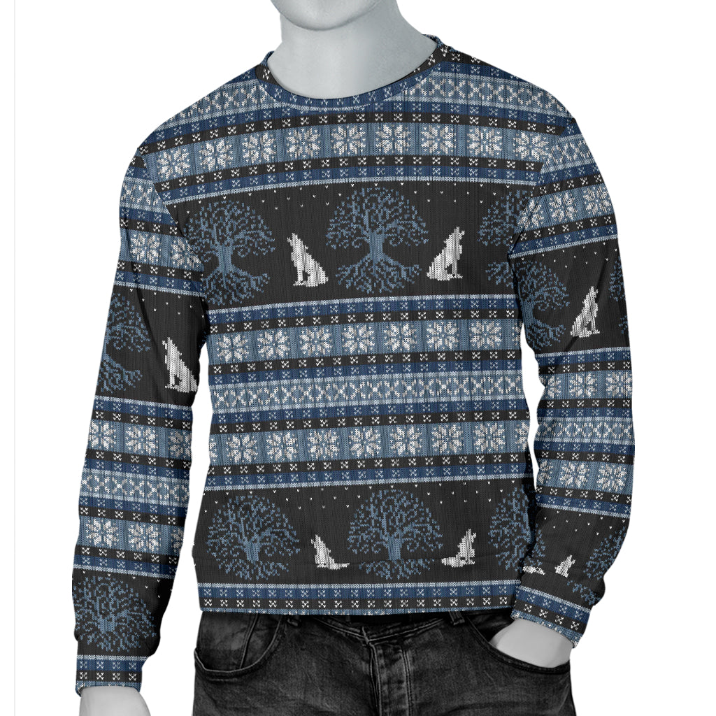 Wolf Tree of Life Knit Design Print Men Long Sleeve Sweatshirt