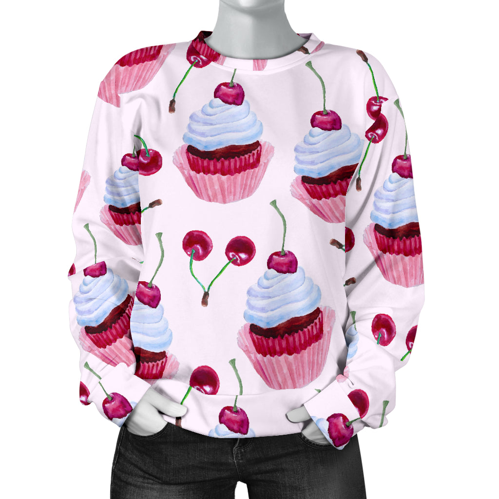 Cherry Cupcake Pink Pattern Women Long Sleeve Sweatshirt