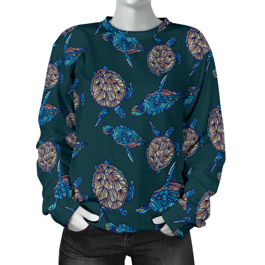 Sea Turtle Hand Drawn Blue Print Women Long Sleeve Sweatshirt