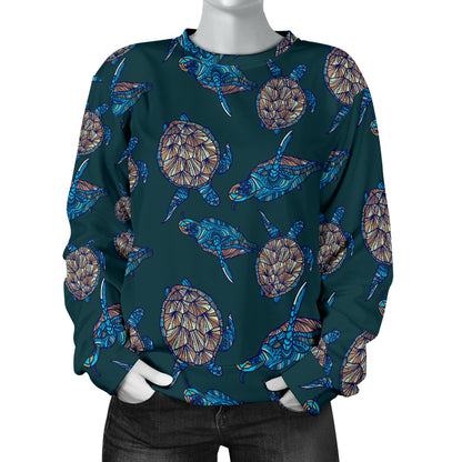 Sea Turtle Hand Drawn Blue Print Women Long Sleeve Sweatshirt