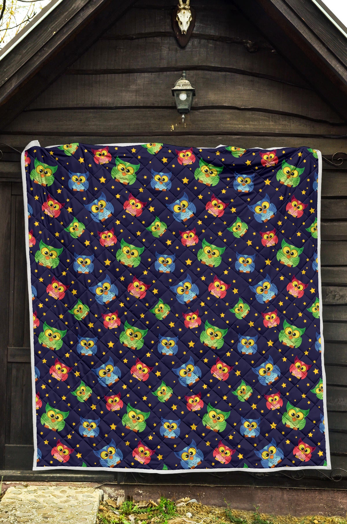 Owl with Star Themed Design Print Quilt Bedspread