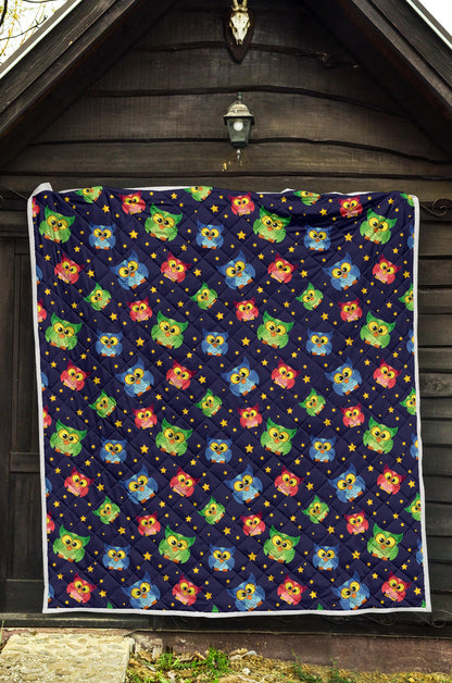 Owl with Star Themed Design Print Quilt Bedspread