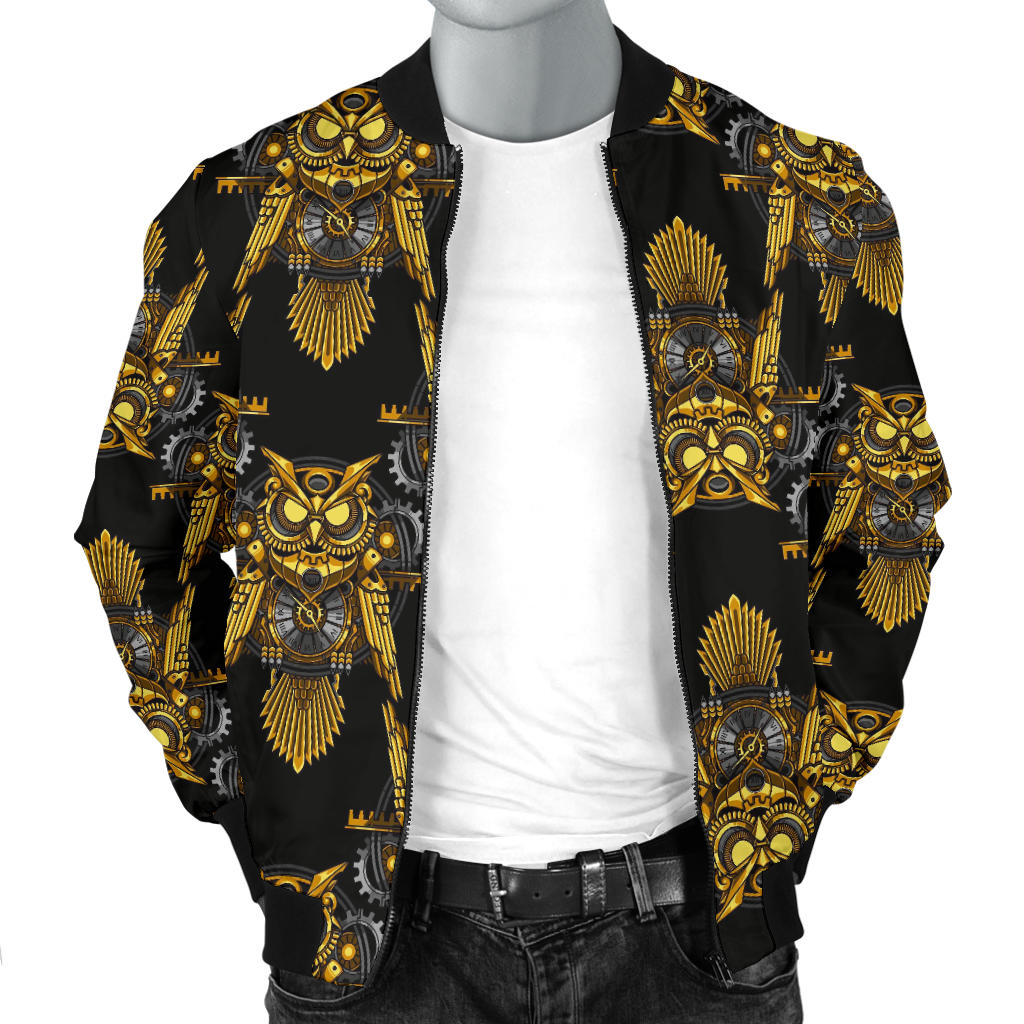 Steampunk Gold Owl Design Themed Print Men Bomber Jacket