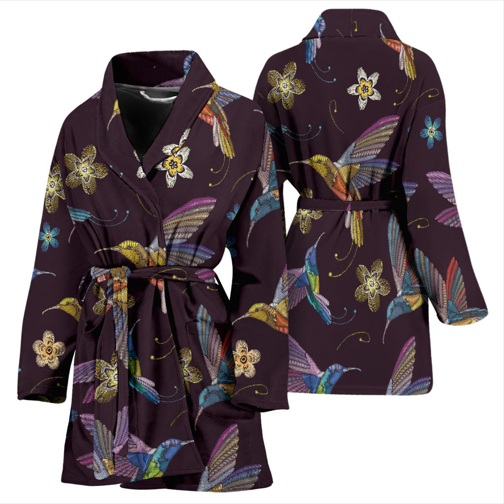 Hummingbird Pattern Print Design 04 Women Bathrobe