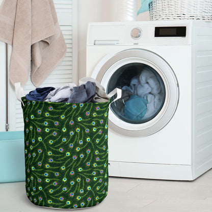 Peacock Feather Green Design Print Laundry Basket