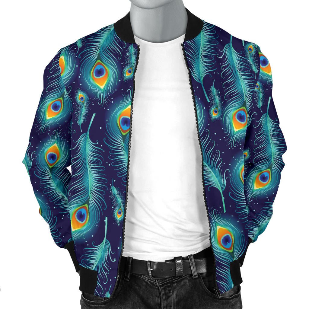 Peacock Feather Blue Design Print Men Bomber Jacket