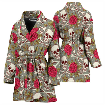 Skull Bone Rose Print Design LKS303 Women Bathrobe