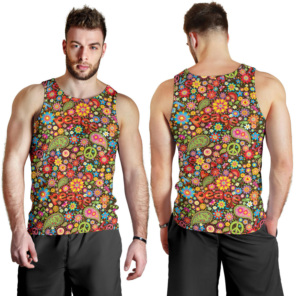 Flower Power Peace Paisley Themed Print Men Tank Top