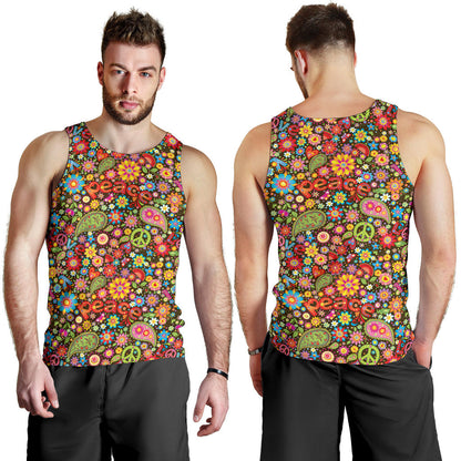 Flower Power Peace Paisley Themed Print Men Tank Top
