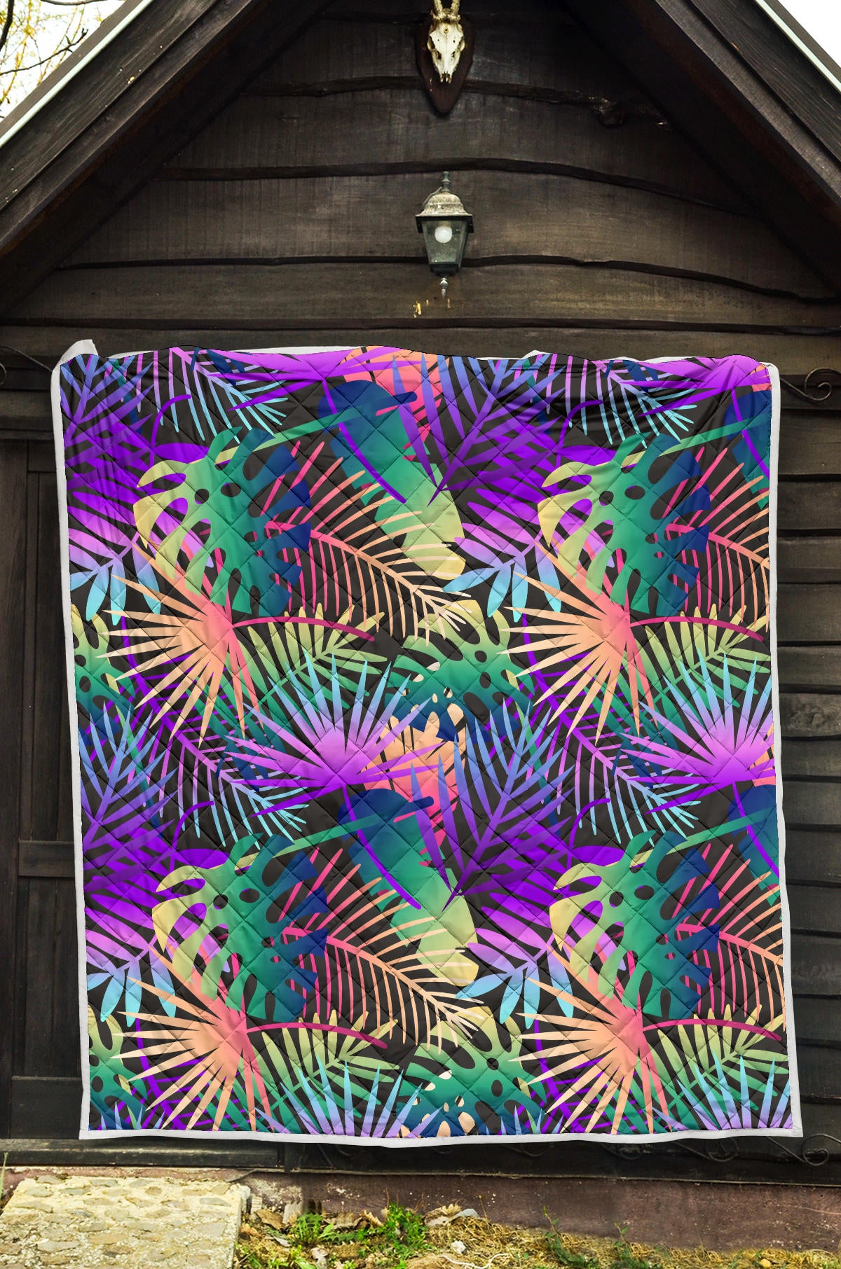 Neon Flower Tropical Palm Leaves Quilt Bedspread