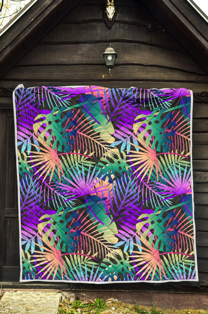 Neon Flower Tropical Palm Leaves Quilt Bedspread