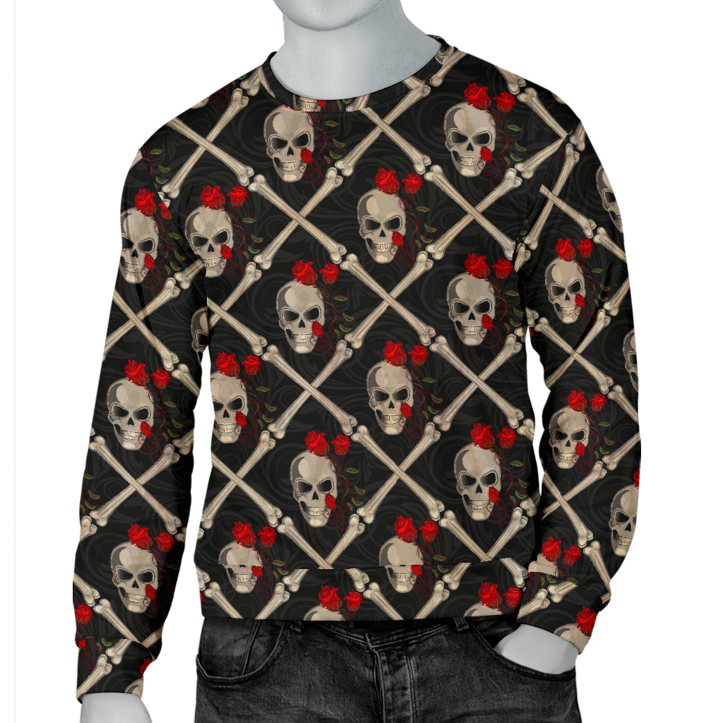 Skull Roses Bone Design Themed Print Men Long Sleeve Sweatshirt