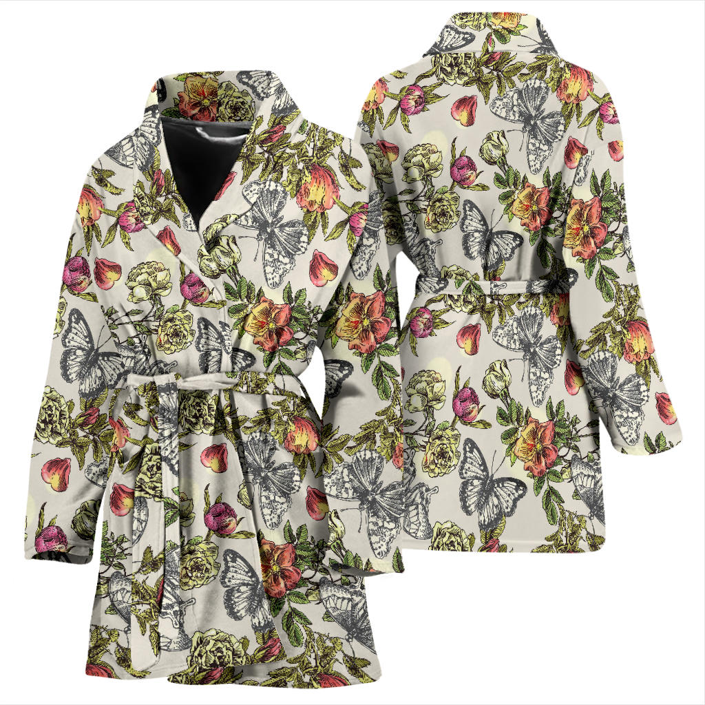 Butterfly Flower Pattern Print Design 06 Women Bathrobe