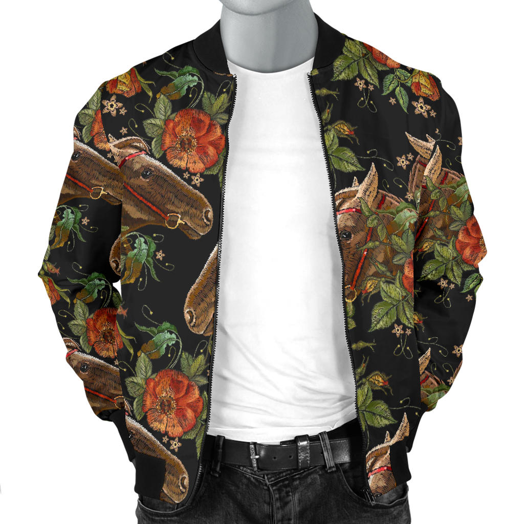Horse Embroidery with Flower Design Men Bomber Jacket