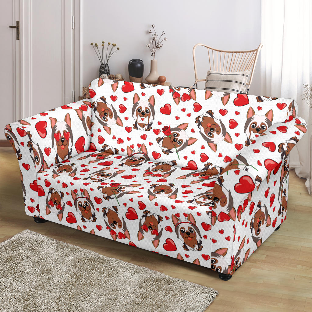 Silky Terriers Heart Print Design LKS302 Loveseat Couch Slipcover
