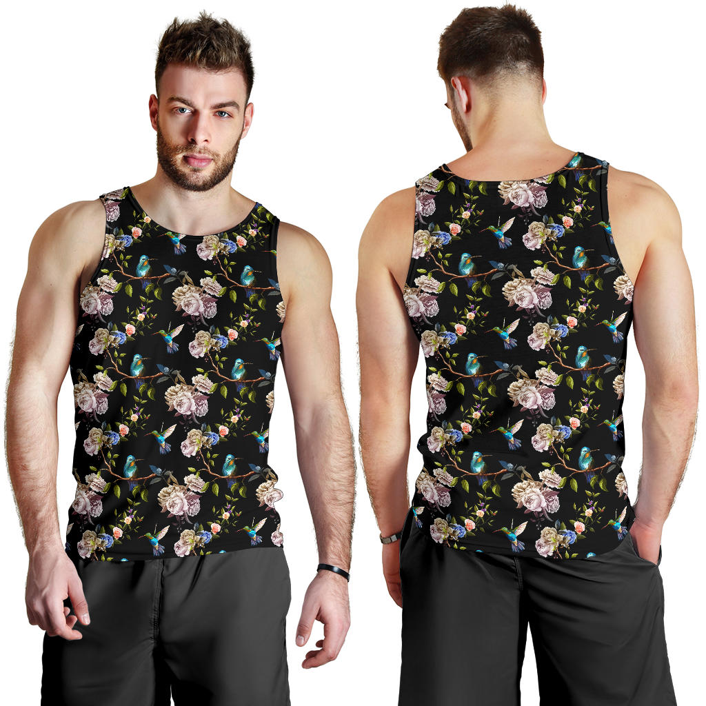 Hummingbird Flower Themed Print Men Tank Top