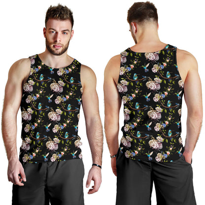 Hummingbird Flower Themed Print Men Tank Top