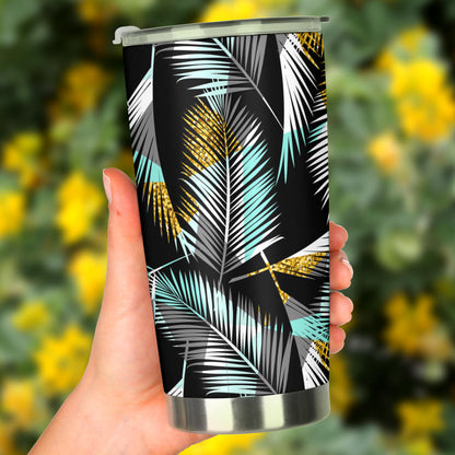 Gold Glitter Cyan Tropical Palm Leaves Tumbler
