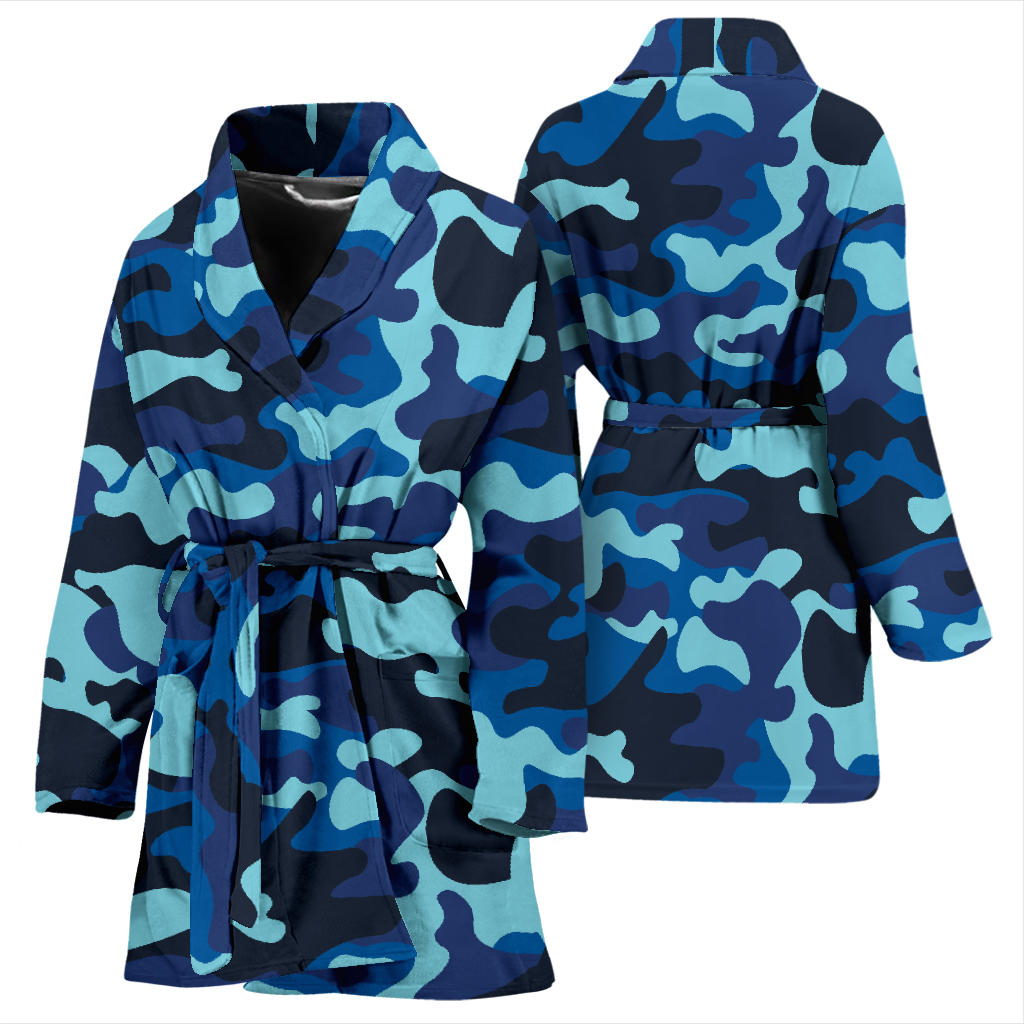Camo Blue Pattern Print Design 04 Women Bathrobe