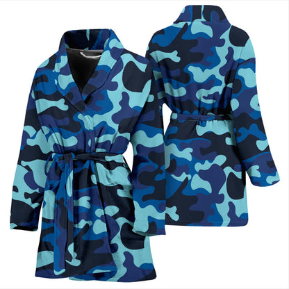 Camo Blue Pattern Print Design 04 Women Bathrobe
