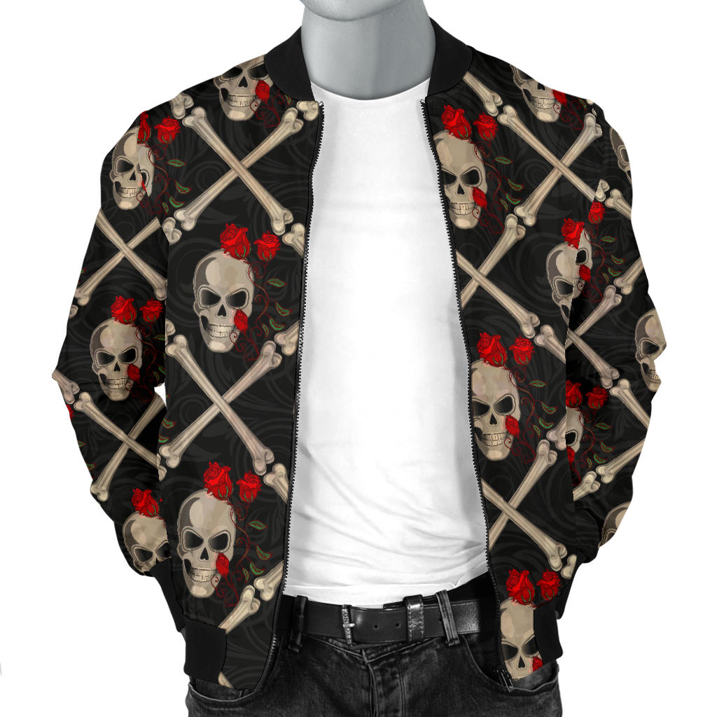 Skull Roses Bone Design Themed Print Men Bomber Jacket