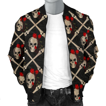 Skull Roses Bone Design Themed Print Men Bomber Jacket
