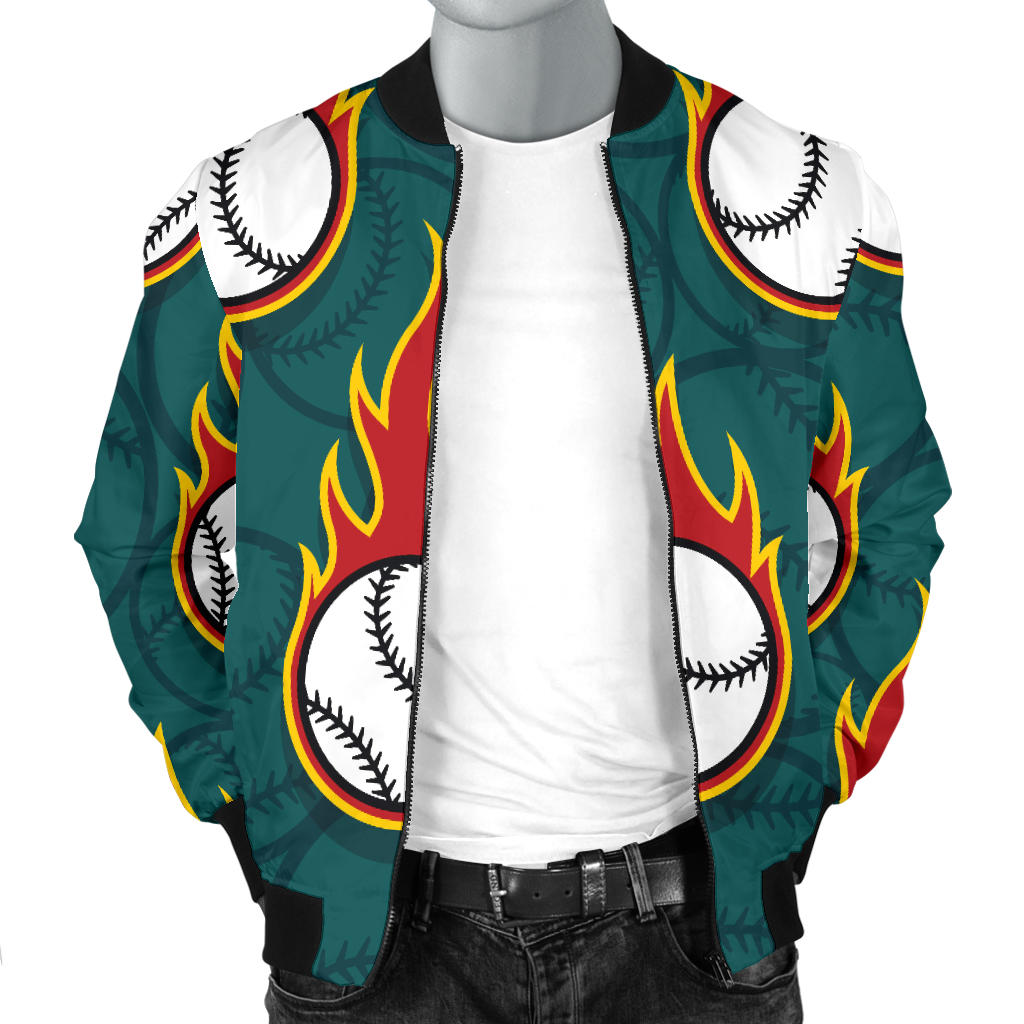 Baseball Fire Print Pattern Men Bomber Jacket