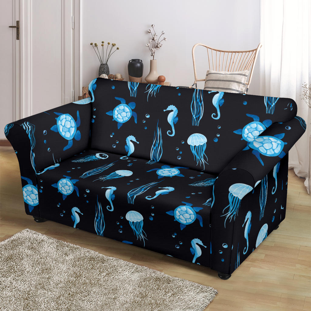 Sea Turtle Jelly Fish Sea Horse Print Design LKS3014 Loveseat Couch Slipcover