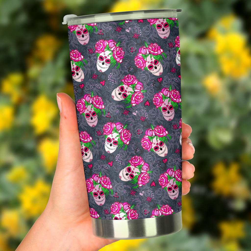 Sugar Skull Pink Rose Themed Print Tumbler