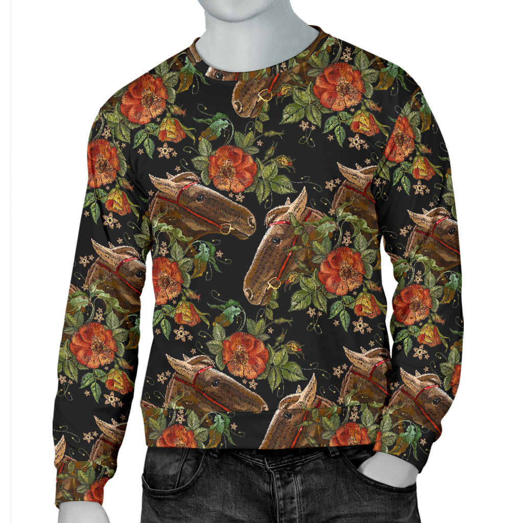 Horse Embroidery with Flower Design Men Long Sleeve Sweatshirt