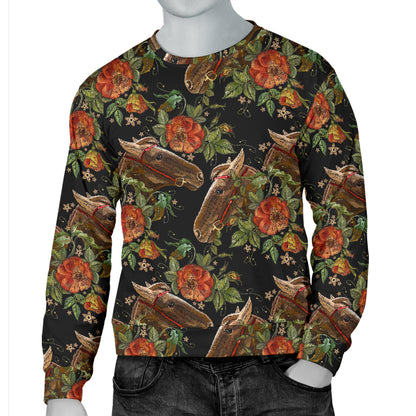 Horse Embroidery with Flower Design Men Long Sleeve Sweatshirt