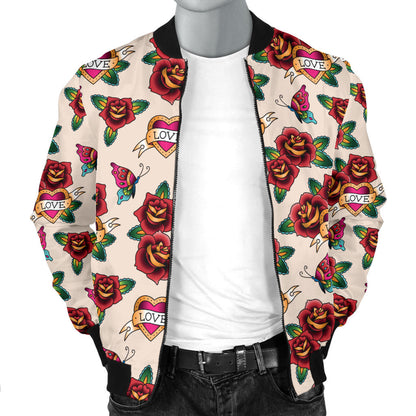 Old School Tattoo Rose Pattern Men Bomber Jacket