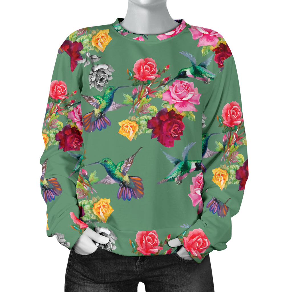 Hummingbird with Rose Themed Print Women Long Sleeve Sweatshirt