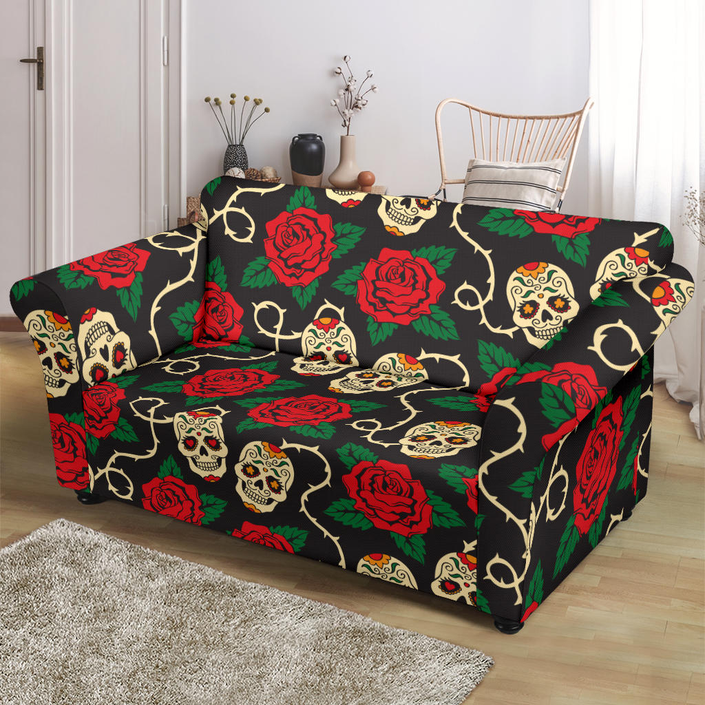 Sugar Skull Red Rose Print Design LKS301 Loveseat Couch Slipcover