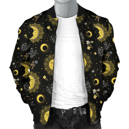 Sun Moon Golden Design Themed Print Men Bomber Jacket