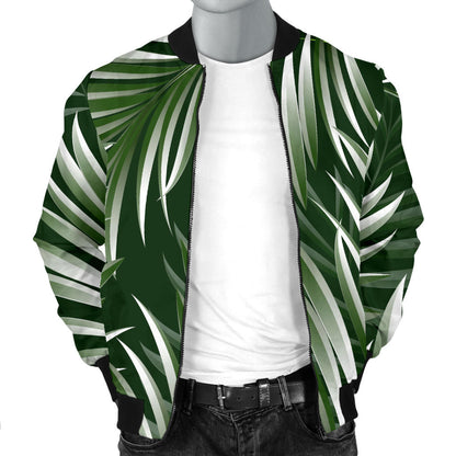 White Green Tropical Palm Leaves Men Bomber Jacket