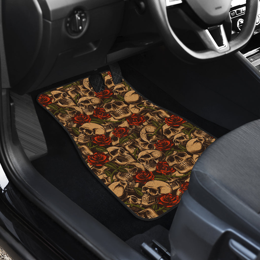 Skull Roses Vintage Design Themed Print Car Floor Mats Front Back