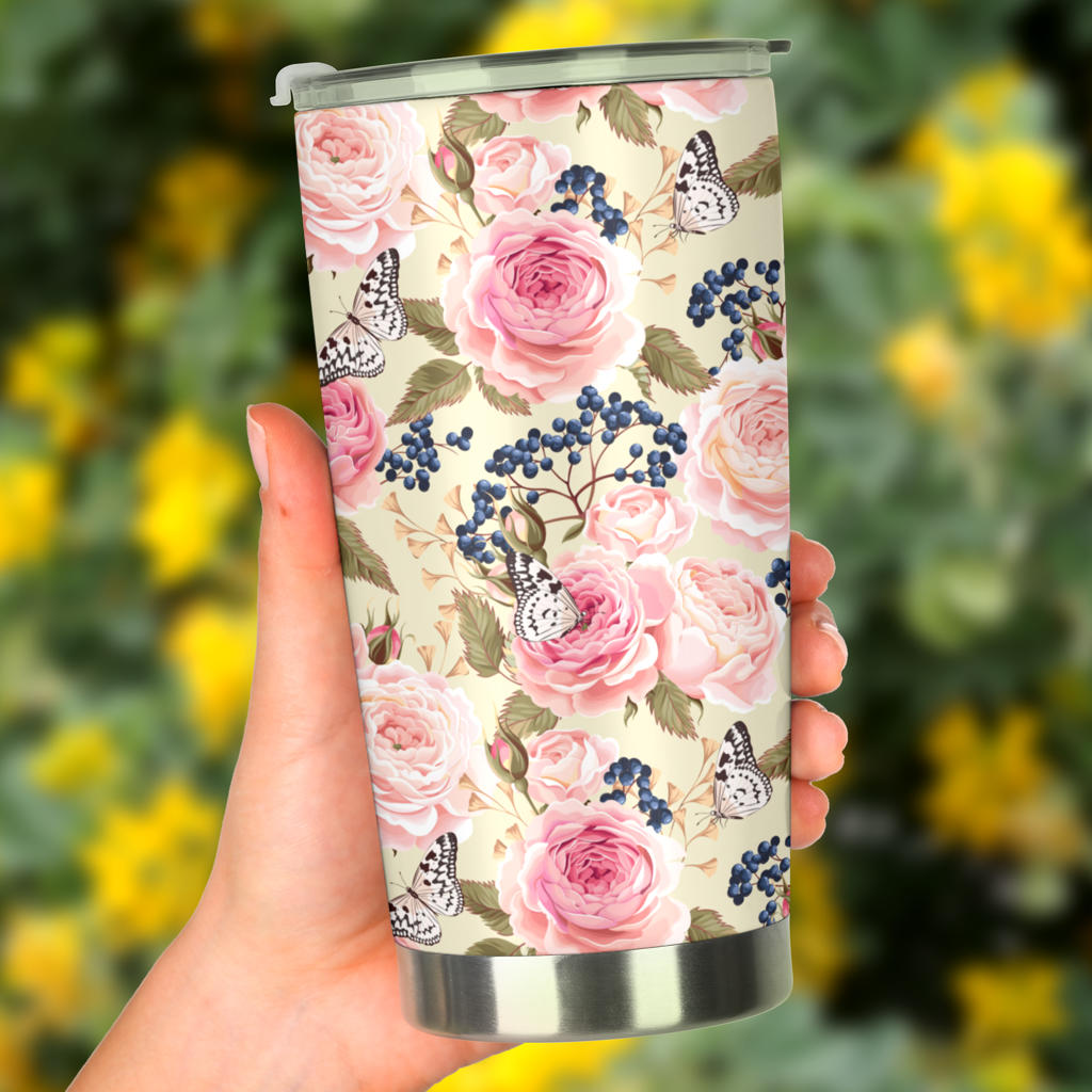 Floral Pink Butterfly Print Tumbler