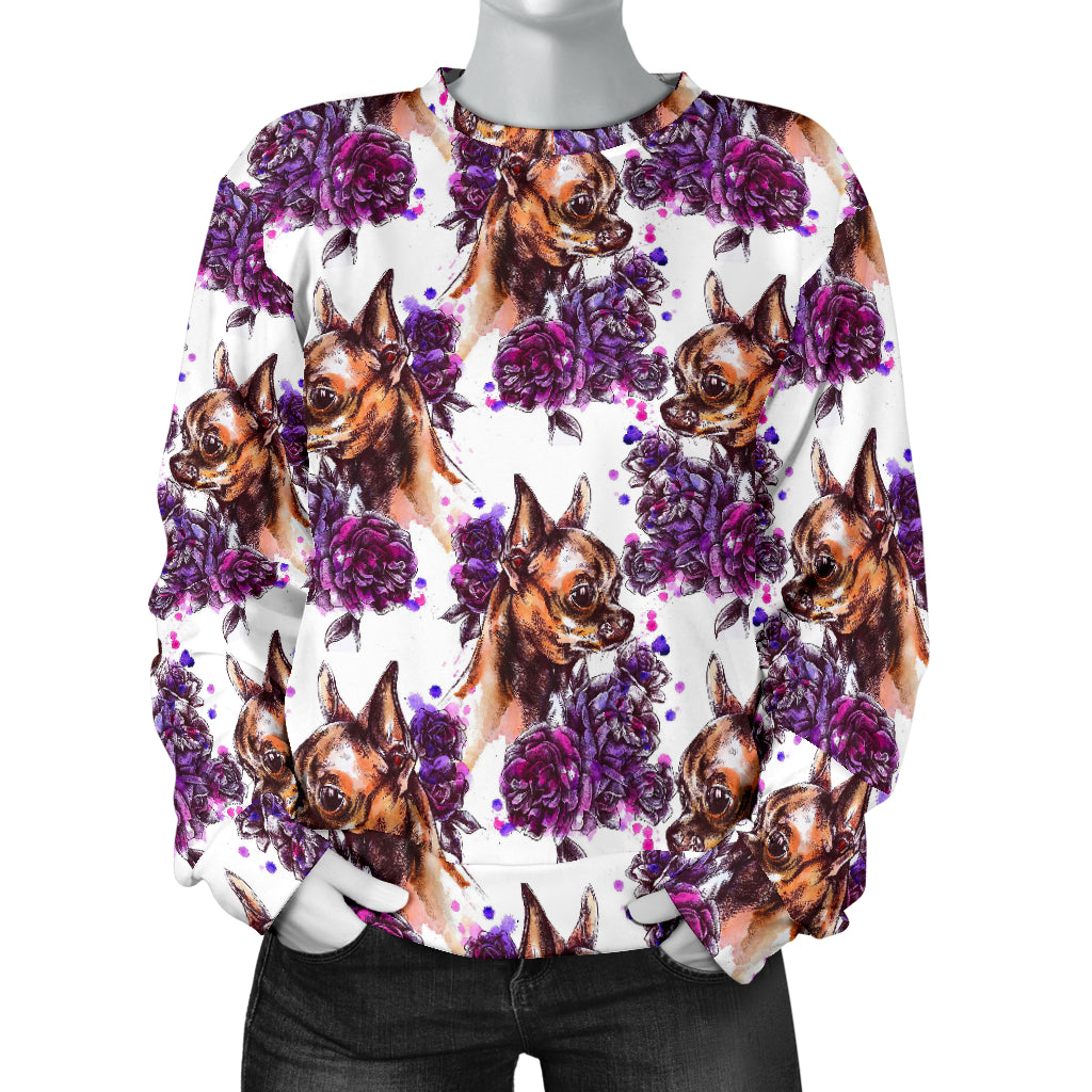 Chihuahua Purple Floral Women Long Sleeve Sweatshirt